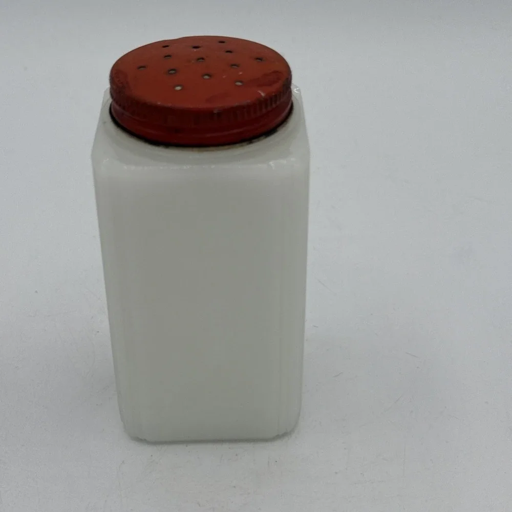 Vintage McKee Tipp City Milk Glass Salt Shaker Flower Pot Red Metal Lid 4
